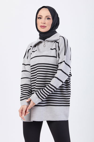 23632-GRI Yakası Fermuarlı Çizgili Triko Tunik 
