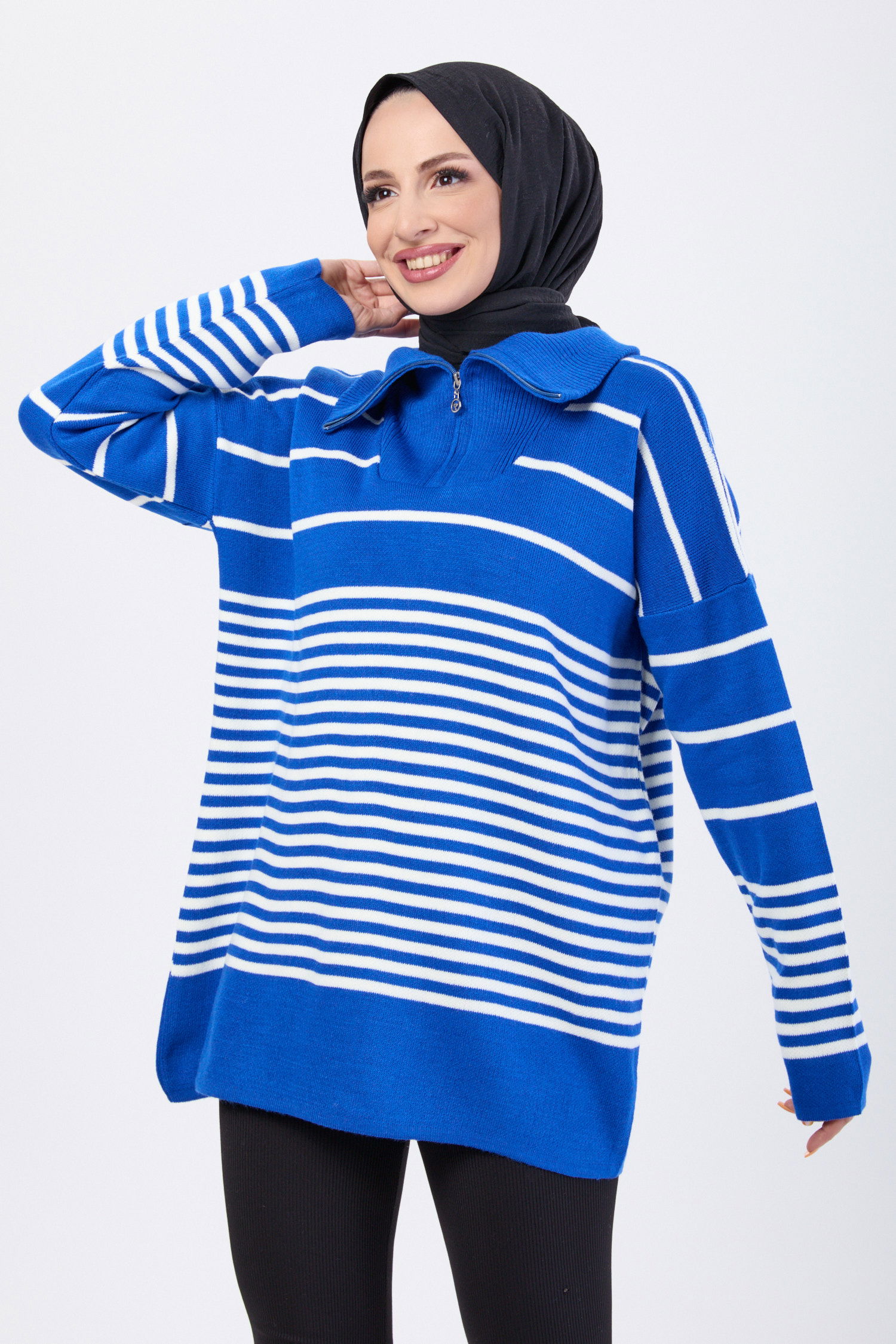 23632-SAKS Yakası Fermuarlı Çizgili Triko Tunik - 1