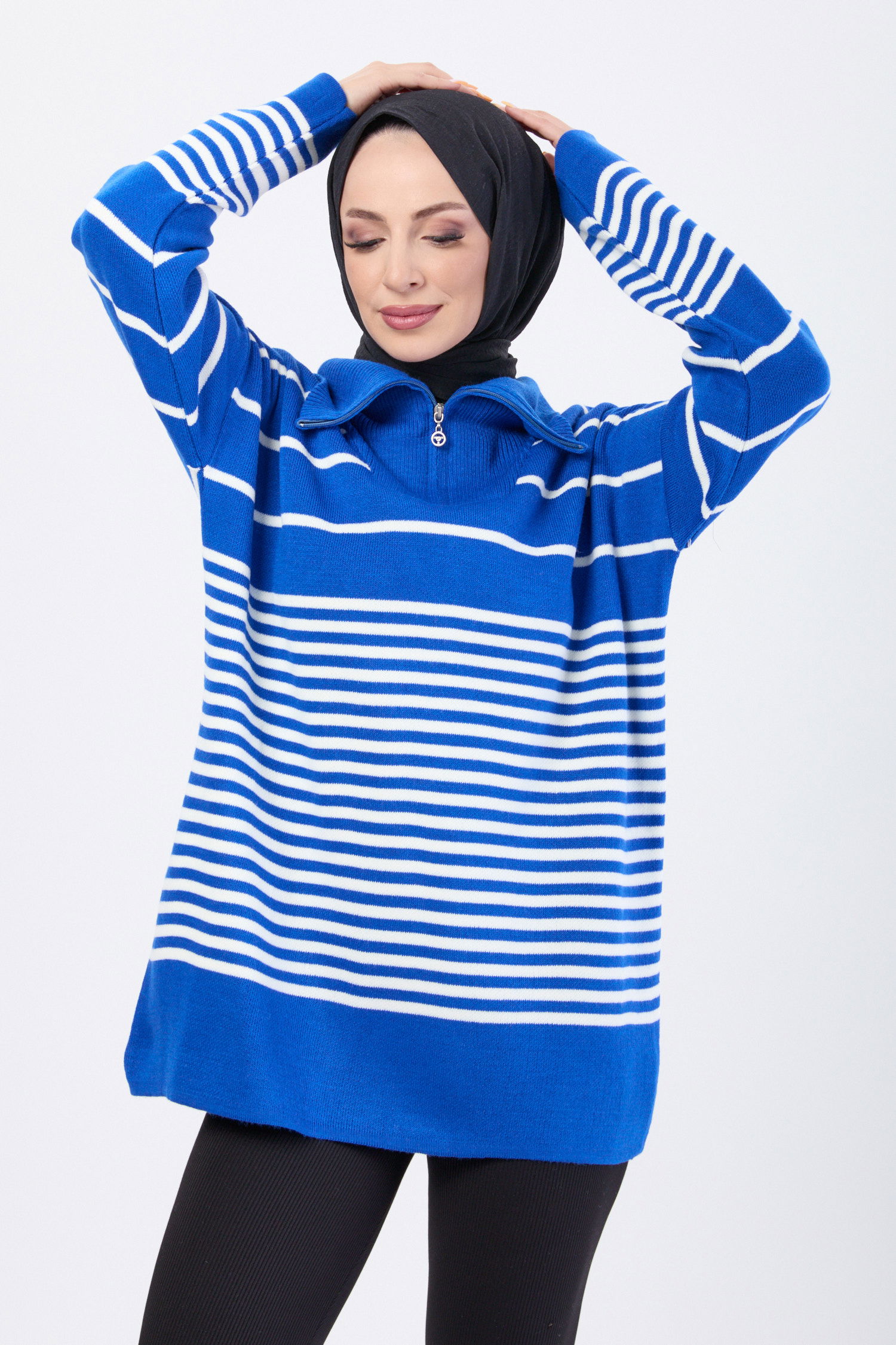 23632-SAKS Yakası Fermuarlı Çizgili Triko Tunik - 2