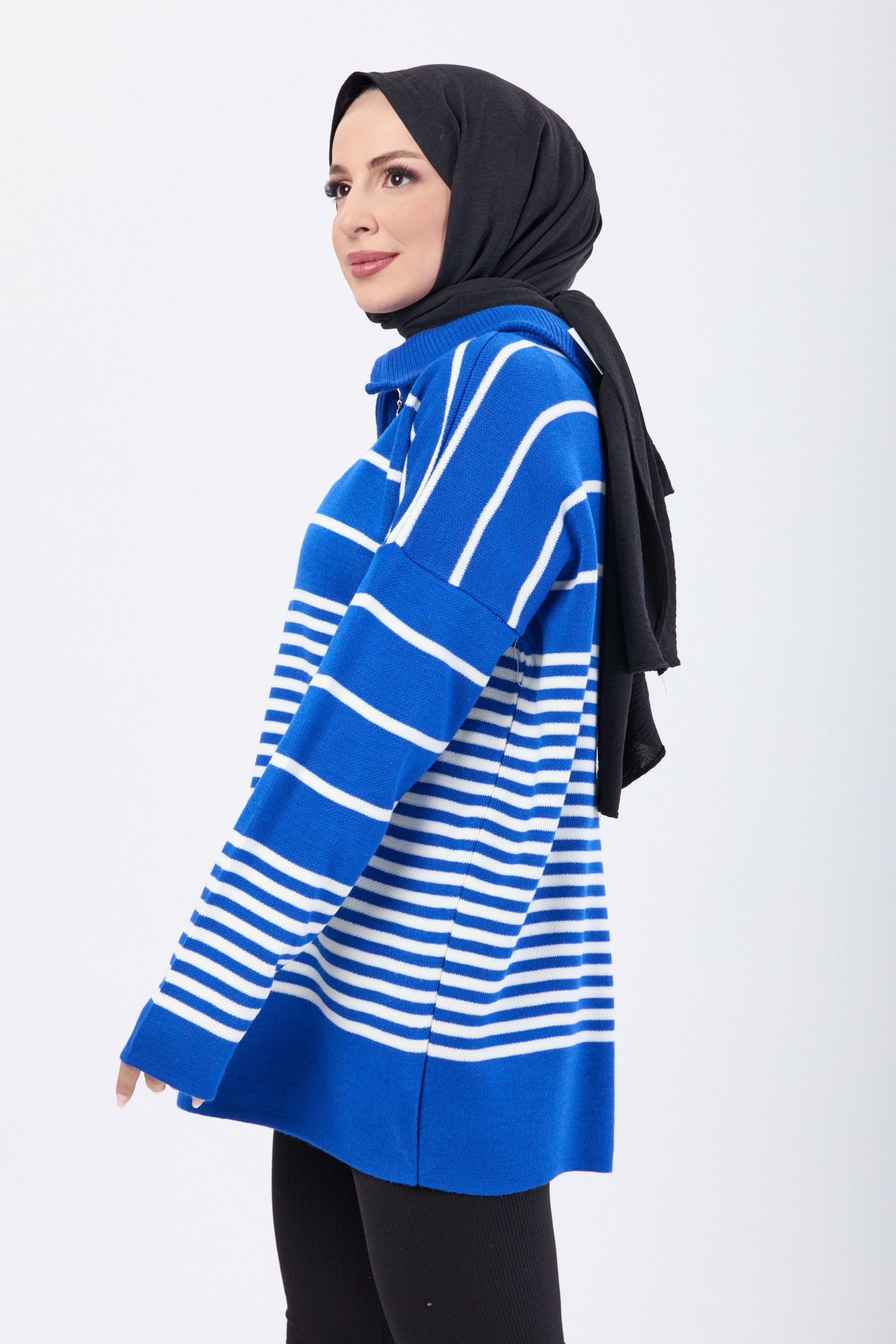 23632-SAKS Yakası Fermuarlı Çizgili Triko Tunik - 3