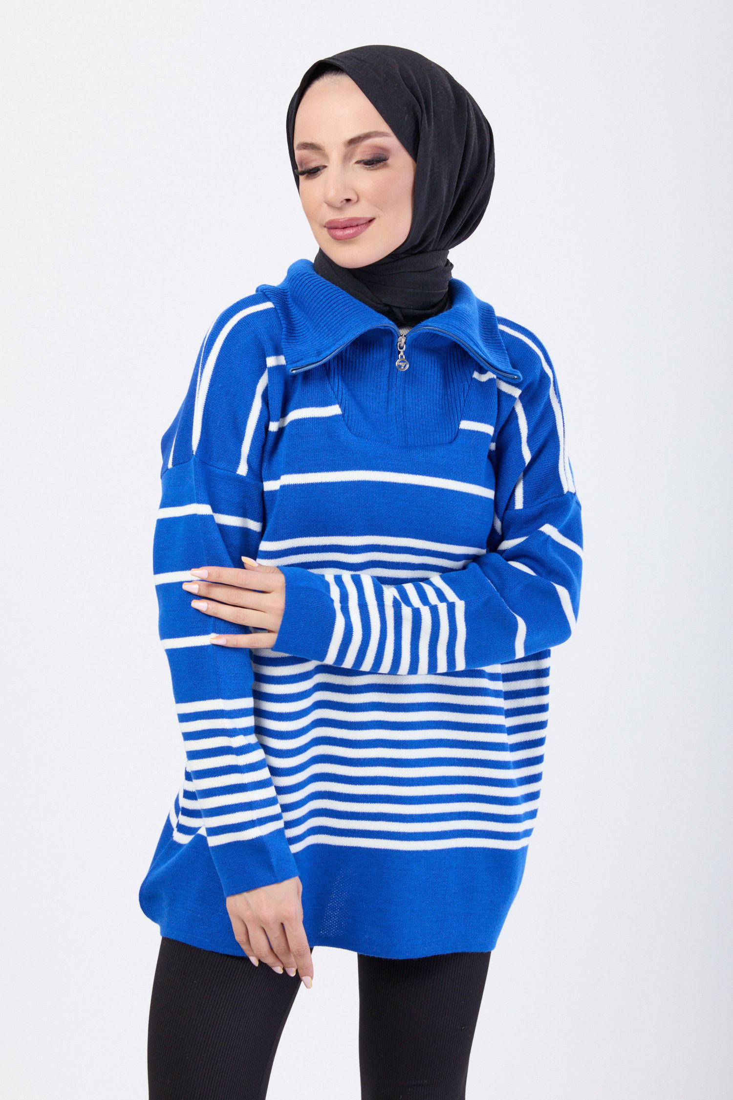 23632-SAKS Yakası Fermuarlı Çizgili Triko Tunik - 4