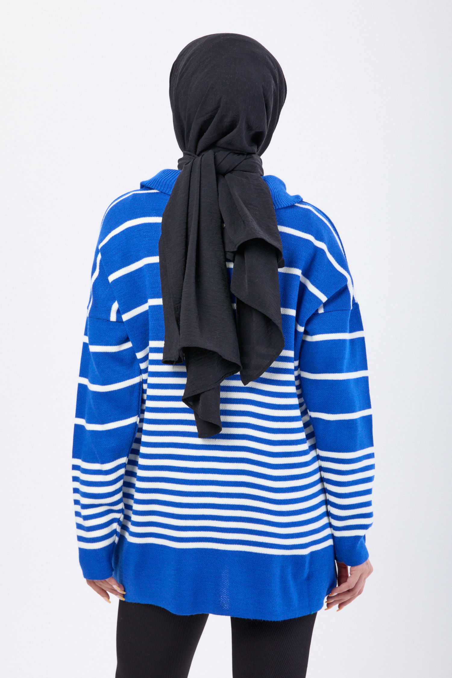 23632-SAKS Yakası Fermuarlı Çizgili Triko Tunik - 6