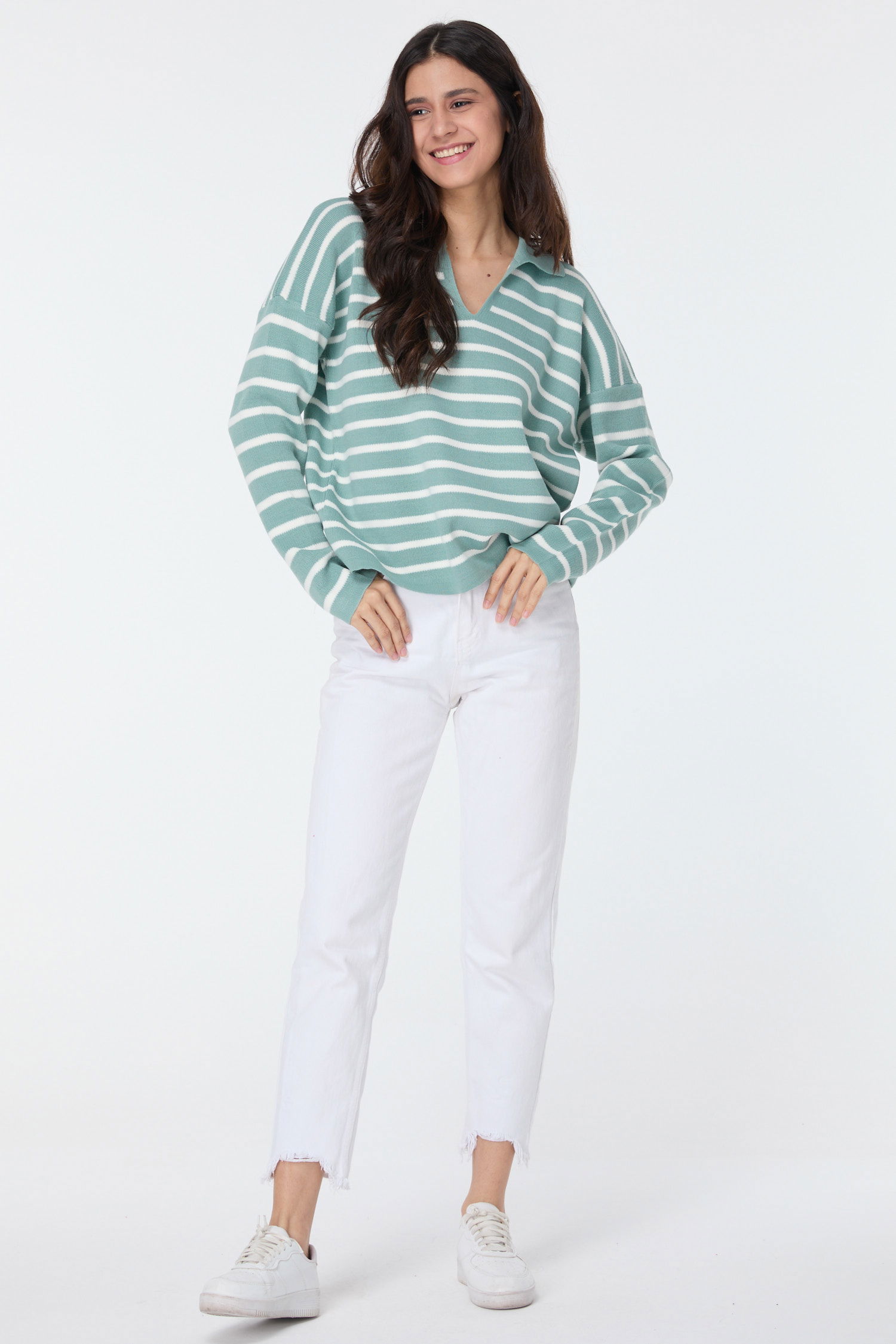 23634-MINT Polo Yaka Çizgili Triko Kazak - 1