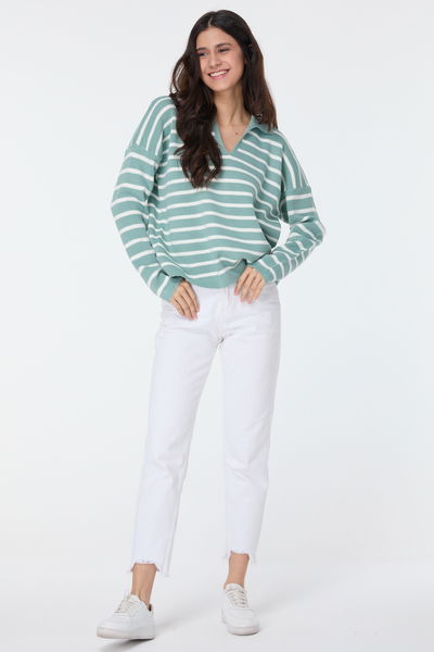 23634-MINT Polo Yaka Çizgili Triko Kazak 