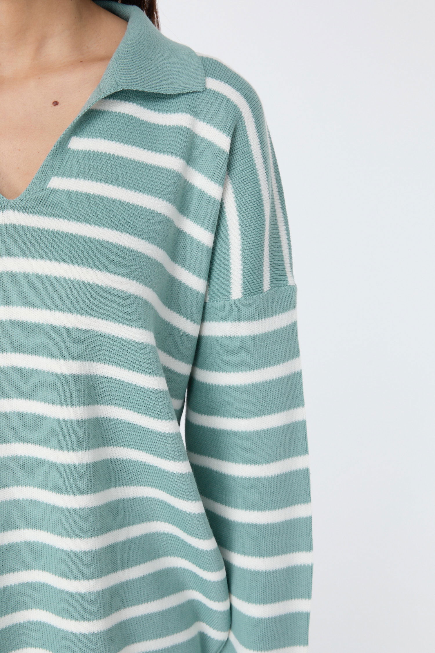 23634-MINT Polo Yaka Çizgili Triko Kazak - 5