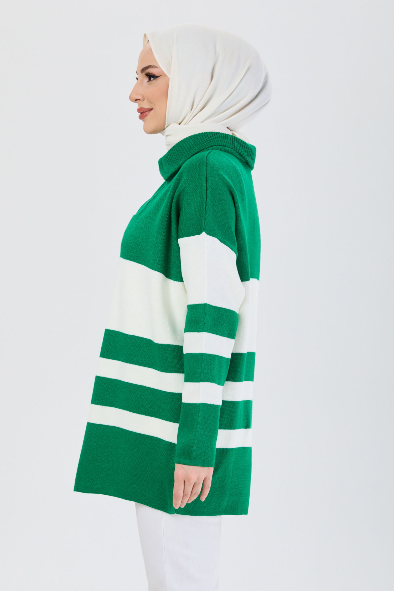 23636-YESIL Fermuar Yakalı Çizgili Kazak - 3