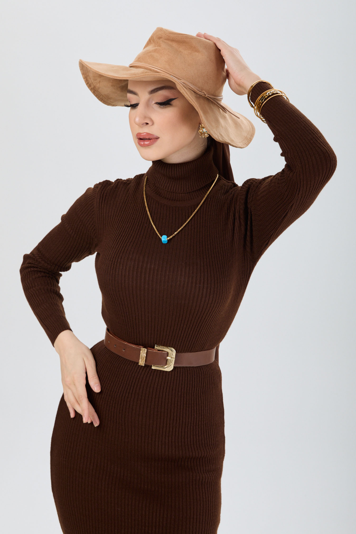 23638-KAHVE Boğazlı Triko Tesettür Elbise - 4