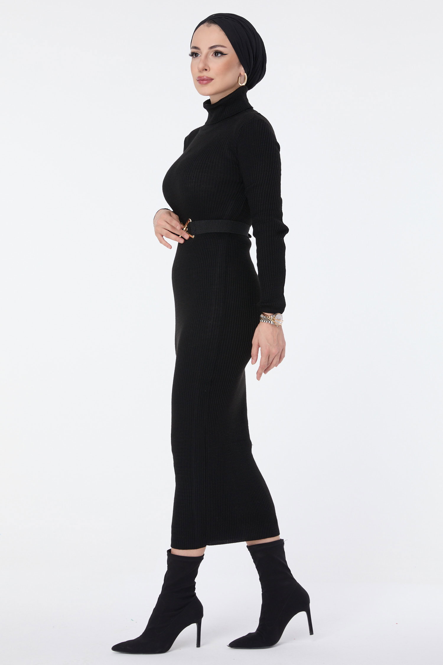 23638-SIYAH Triko Elbise - 3
