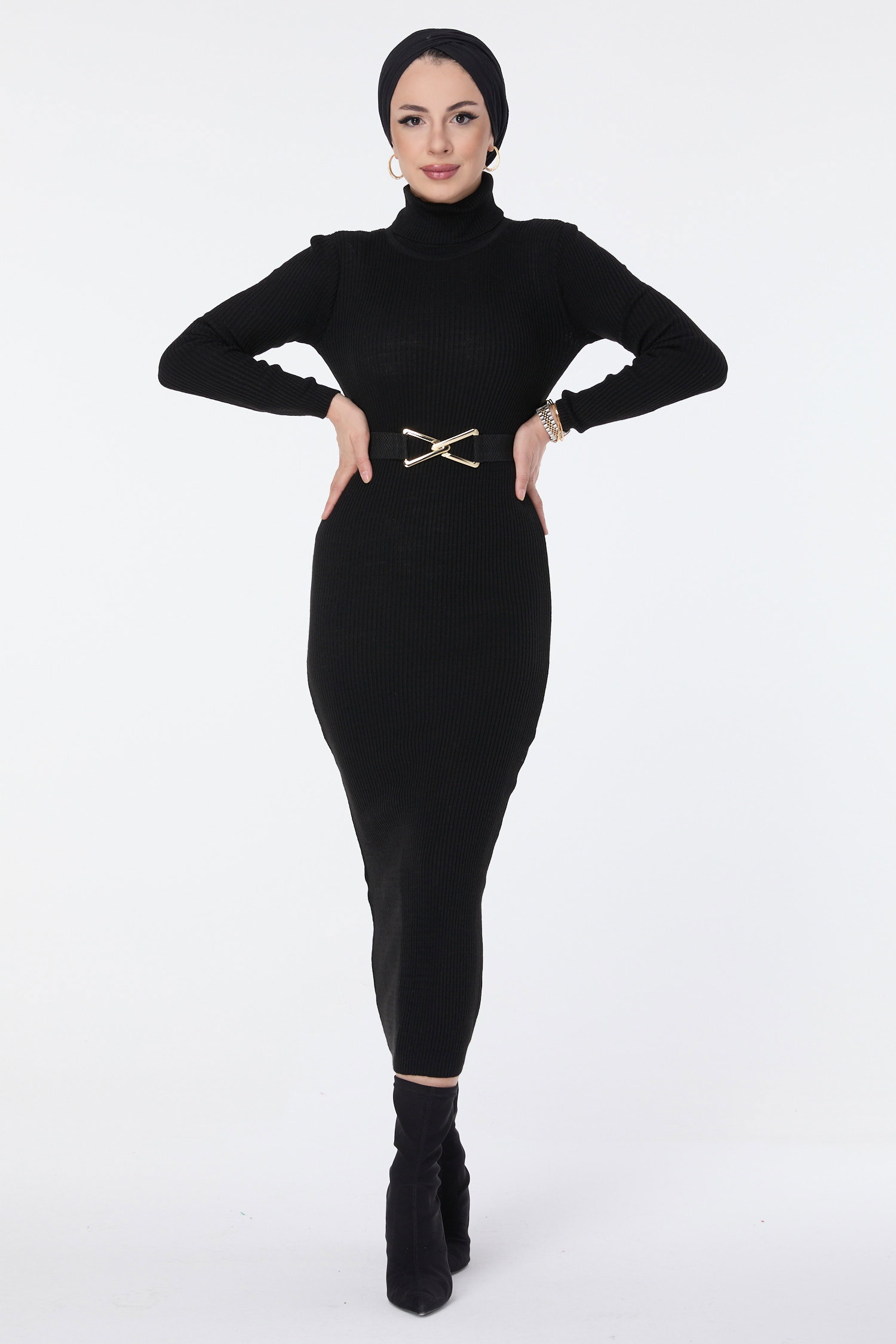 23638-SIYAH Triko Elbise - 4