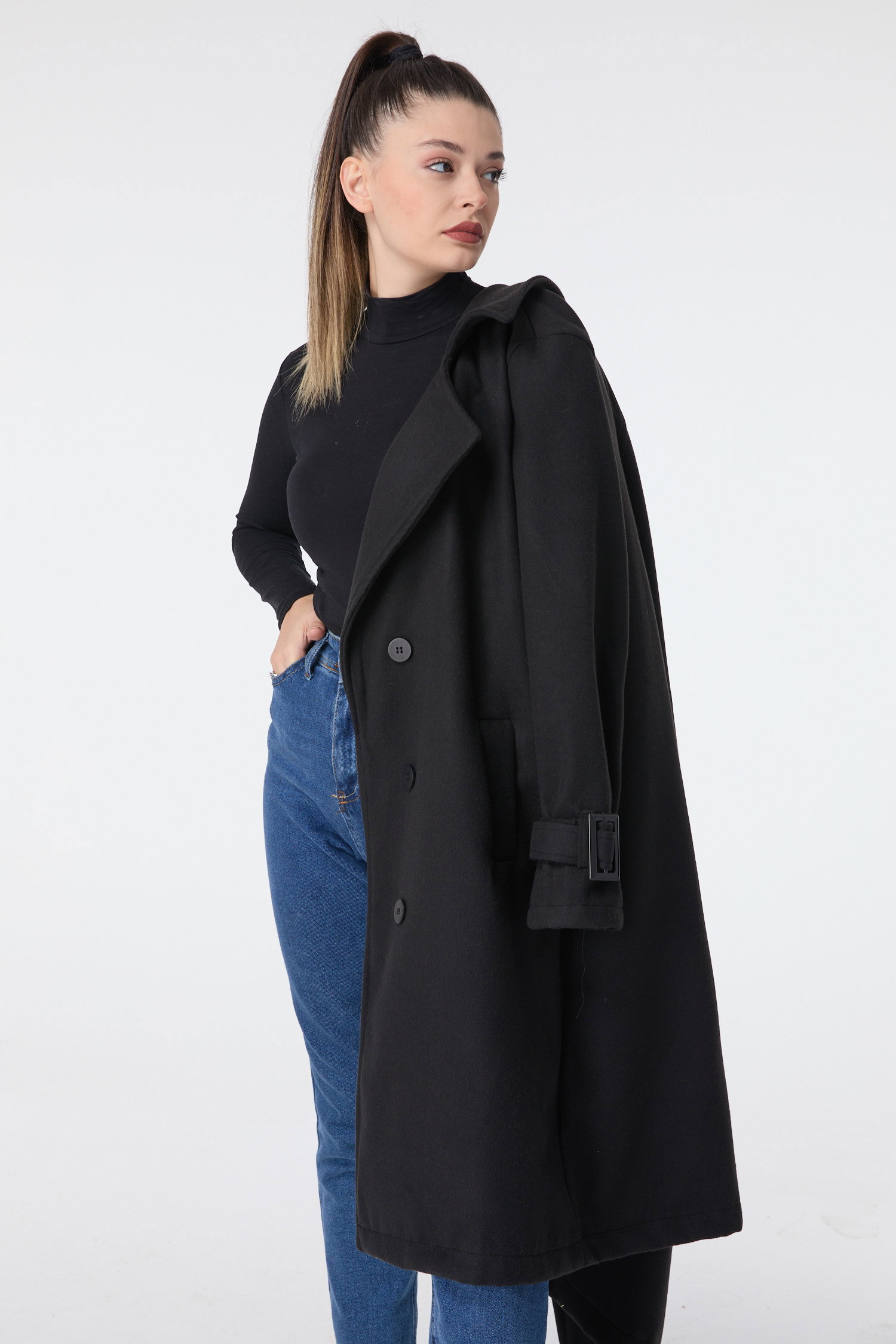 23641-SIYAH Kaşe Kaban - 4