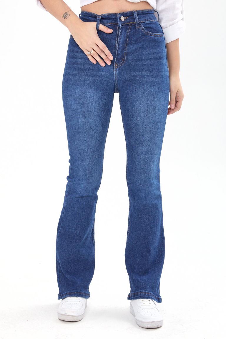 23660-KOYU-MAVI Pamuklu Flare Likralı Kot Pantolon - TOFİSA