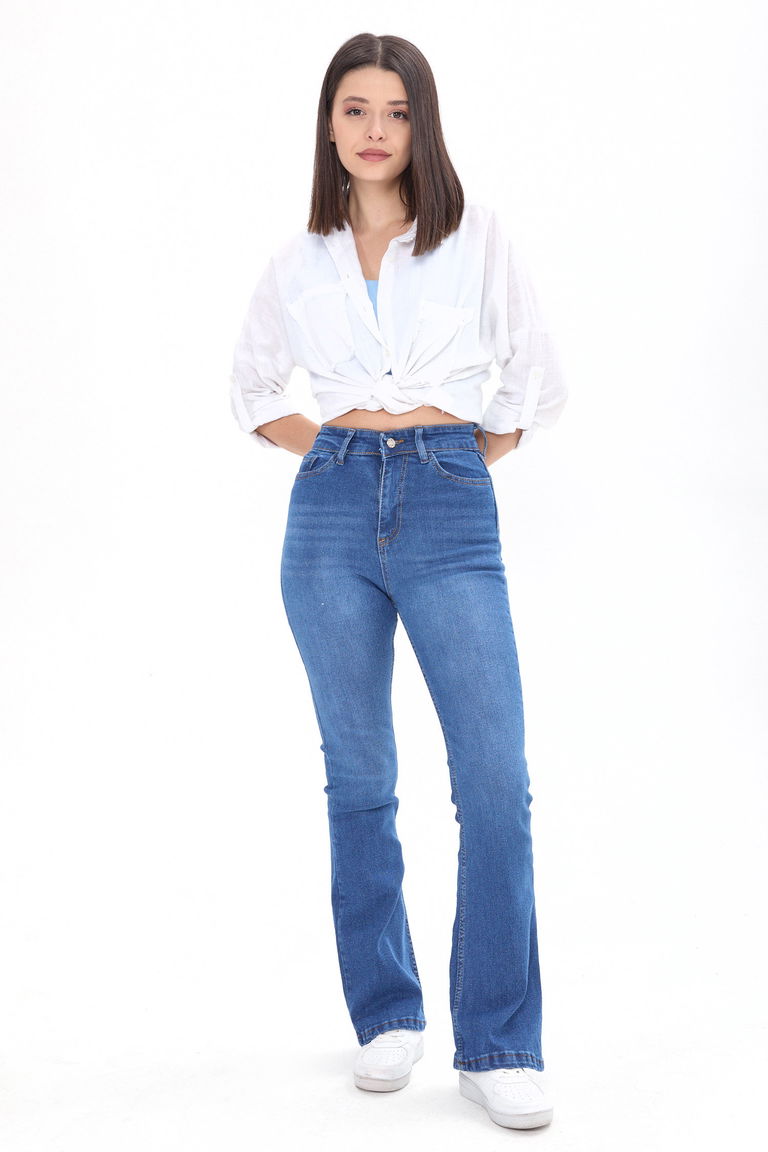 Pamuklu Flare Likralı Kot Pantolon Mavi - 23660 - TOFİSA