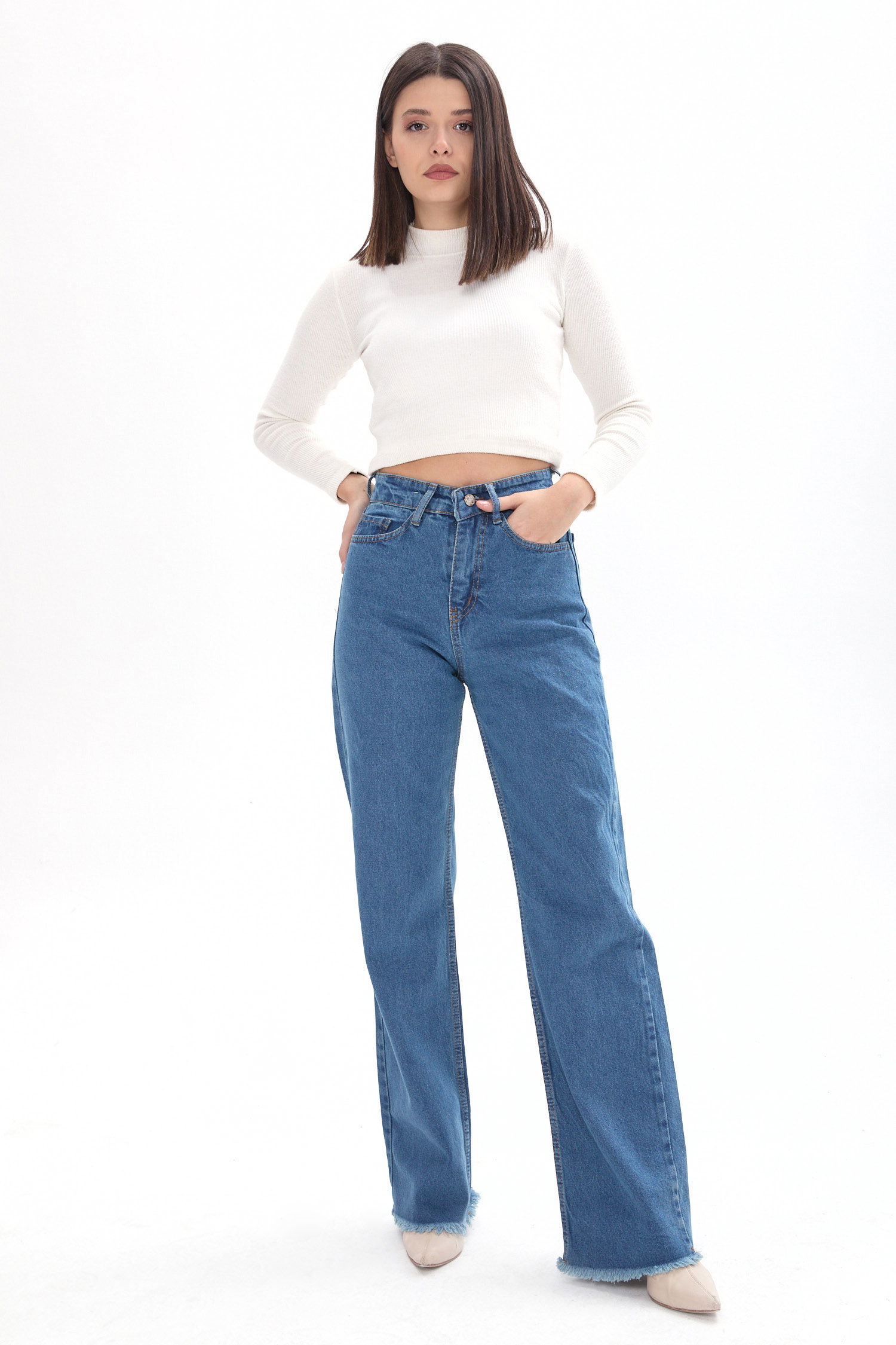23663-YESIL-TINT-YIKAMA Wide Leg Yüksek Bel Geniş Paça Kot Pantolon - 1