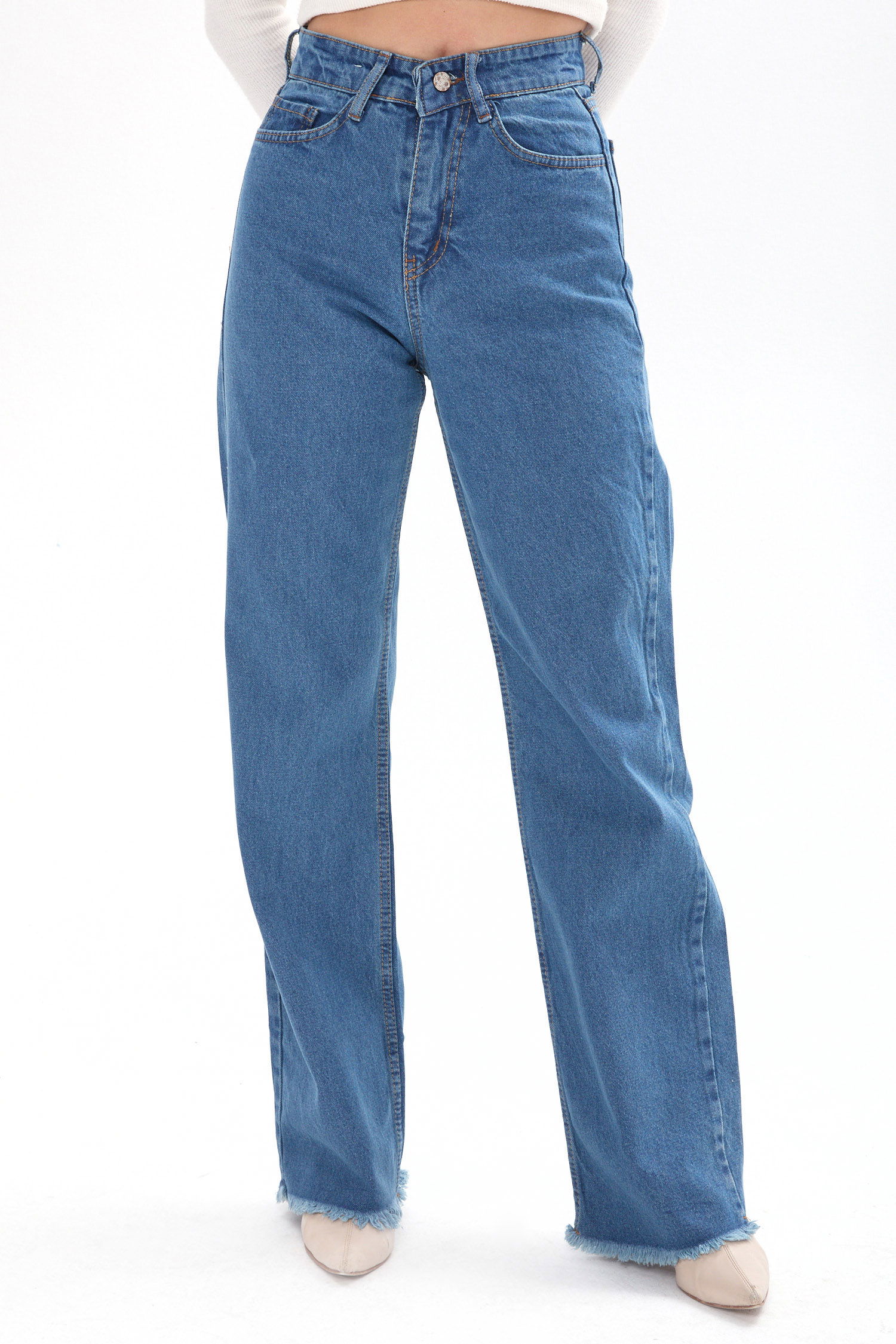 23663-YESIL-TINT-YIKAMA Wide Leg Yüksek Bel Geniş Paça Kot Pantolon - 2
