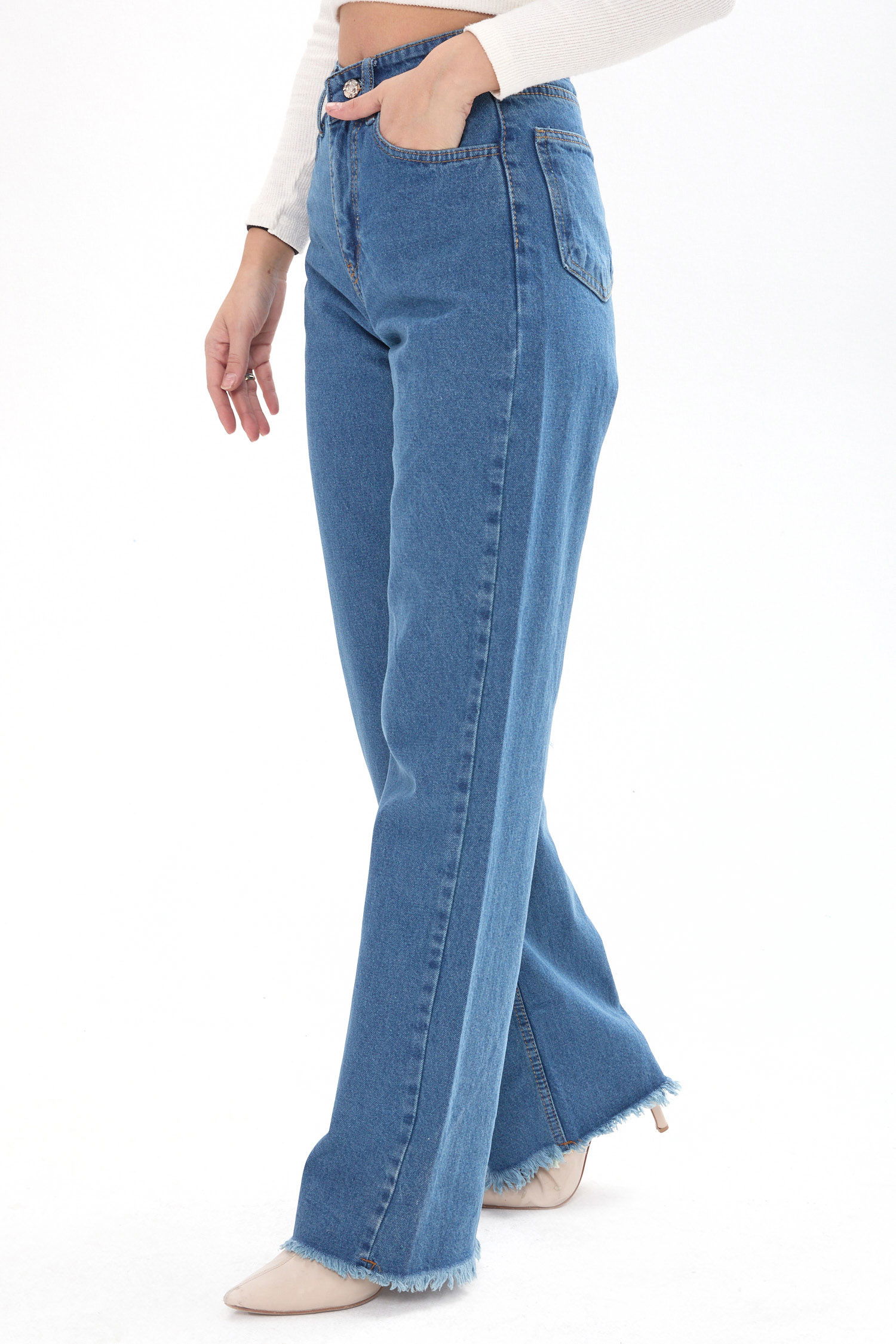 23663-YESIL-TINT-YIKAMA Wide Leg Yüksek Bel Geniş Paça Kot Pantolon - 3