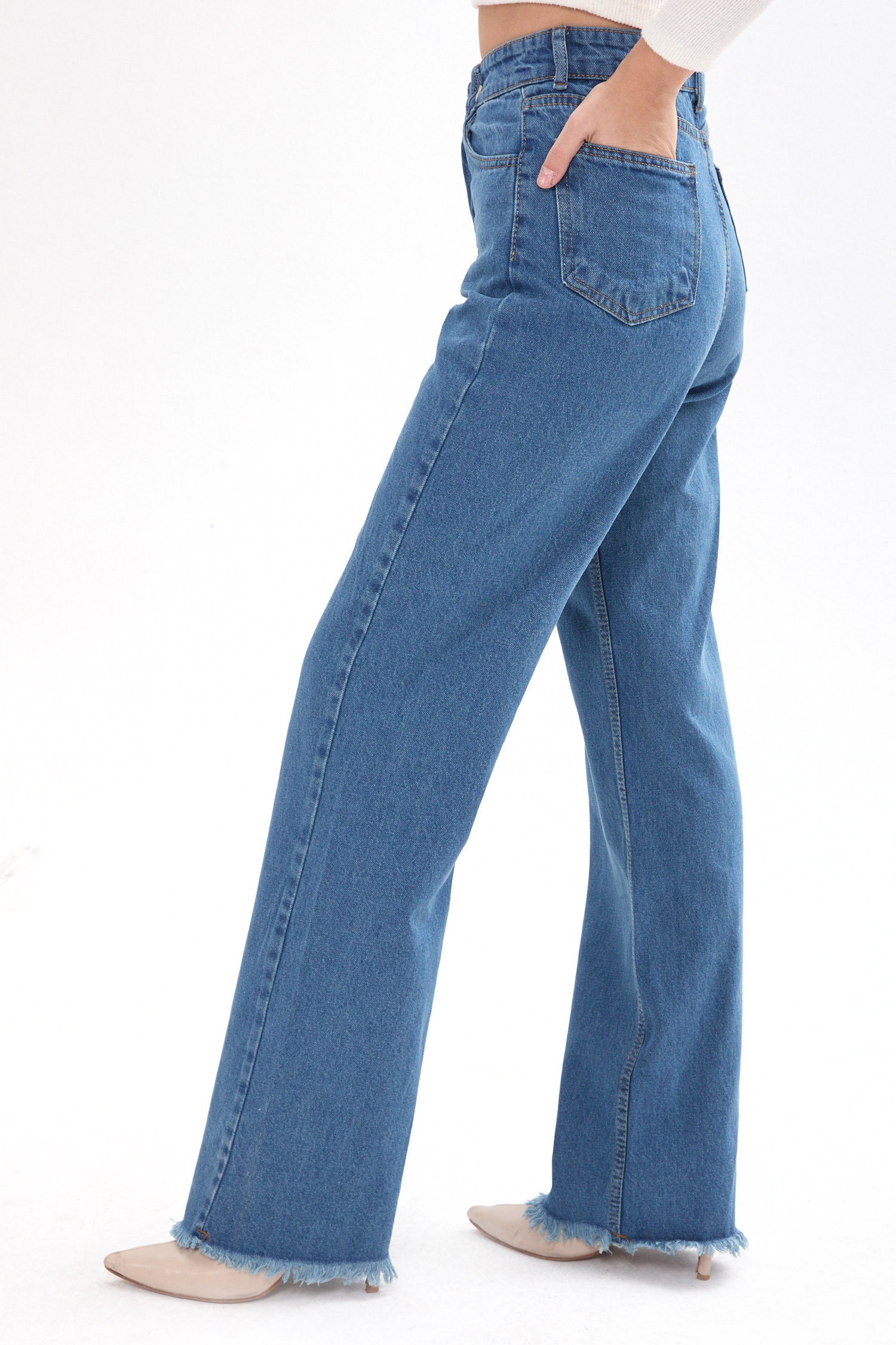 23663-YESIL-TINT-YIKAMA Wide Leg Yüksek Bel Geniş Paça Kot Pantolon - 4