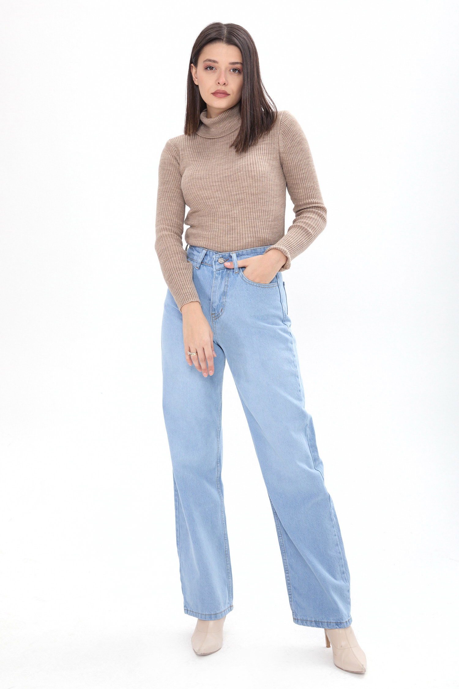 Wide Leg Yüksek Bel Kot Pantolon Buz Mavi - 23664 - 1