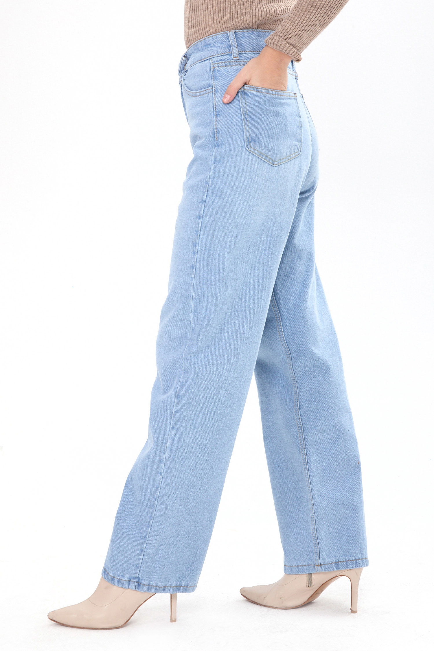 Wide Leg Yüksek Bel Kot Pantolon Buz Mavi - 23664 - 4