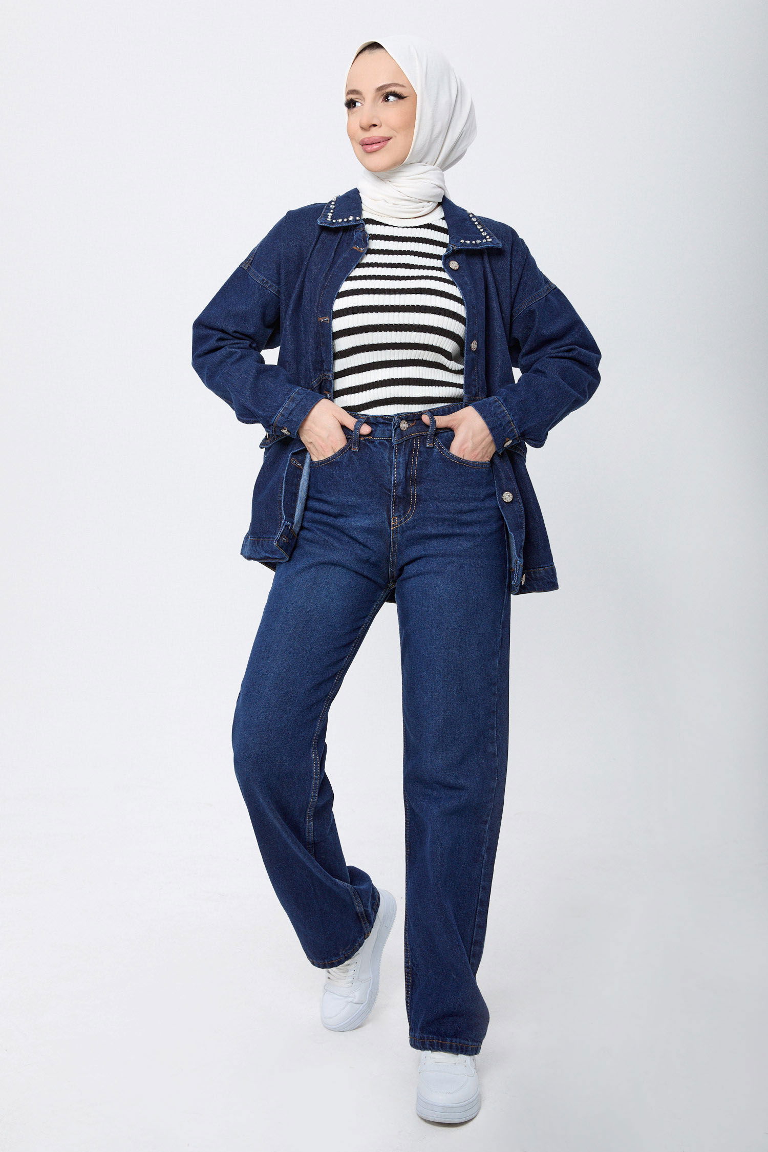 Wide Leg Yüksek Bel Kot Pantolon Koyu Mavi - 23664 - 1