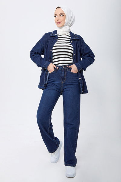 Wide Leg Yüksek Bel Kot Pantolon Koyu Mavi - 23664 