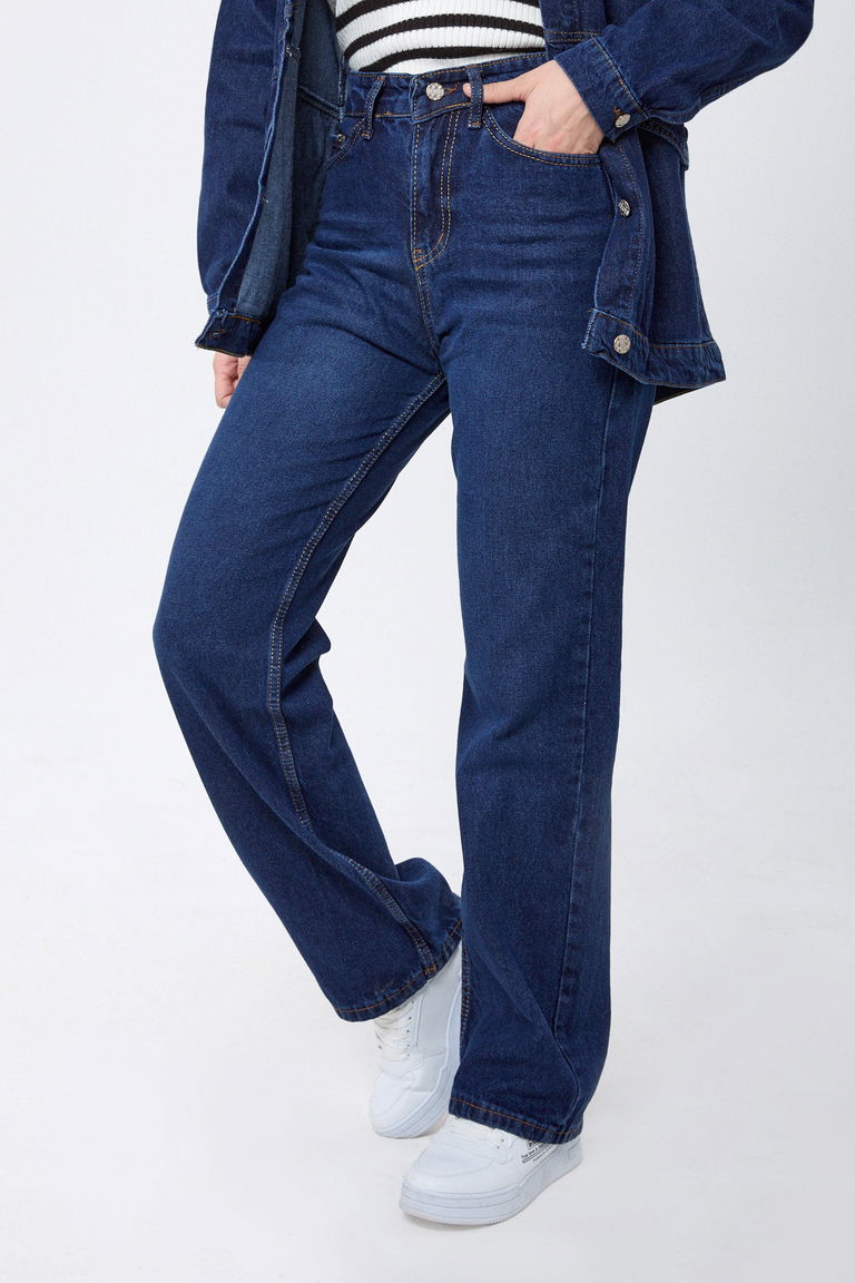 Wide Leg Yüksek Bel Kot Pantolon Koyu Mavi - 23664 - TOFİSA