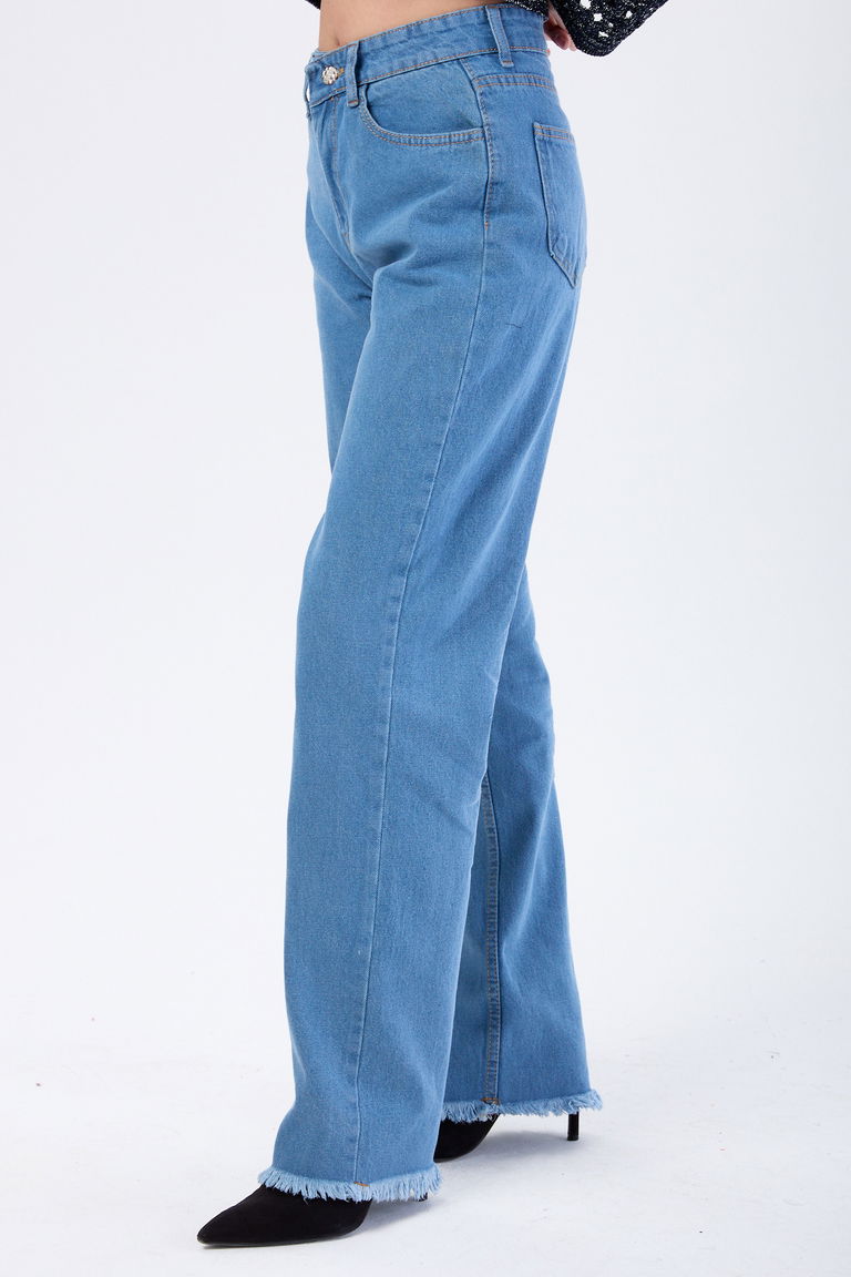 Yüksek Bel Palozzo Püsküllü Kot Pantolon Mavi - 23665 - TOFİSA