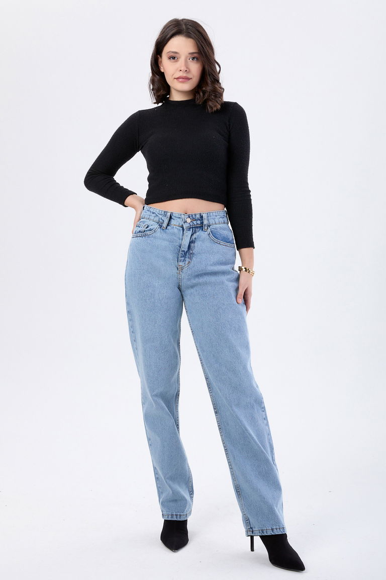 23666-BUZ-MAVI-KAR Yüksek Bel Mom Kot Pantolon - TOFİSA