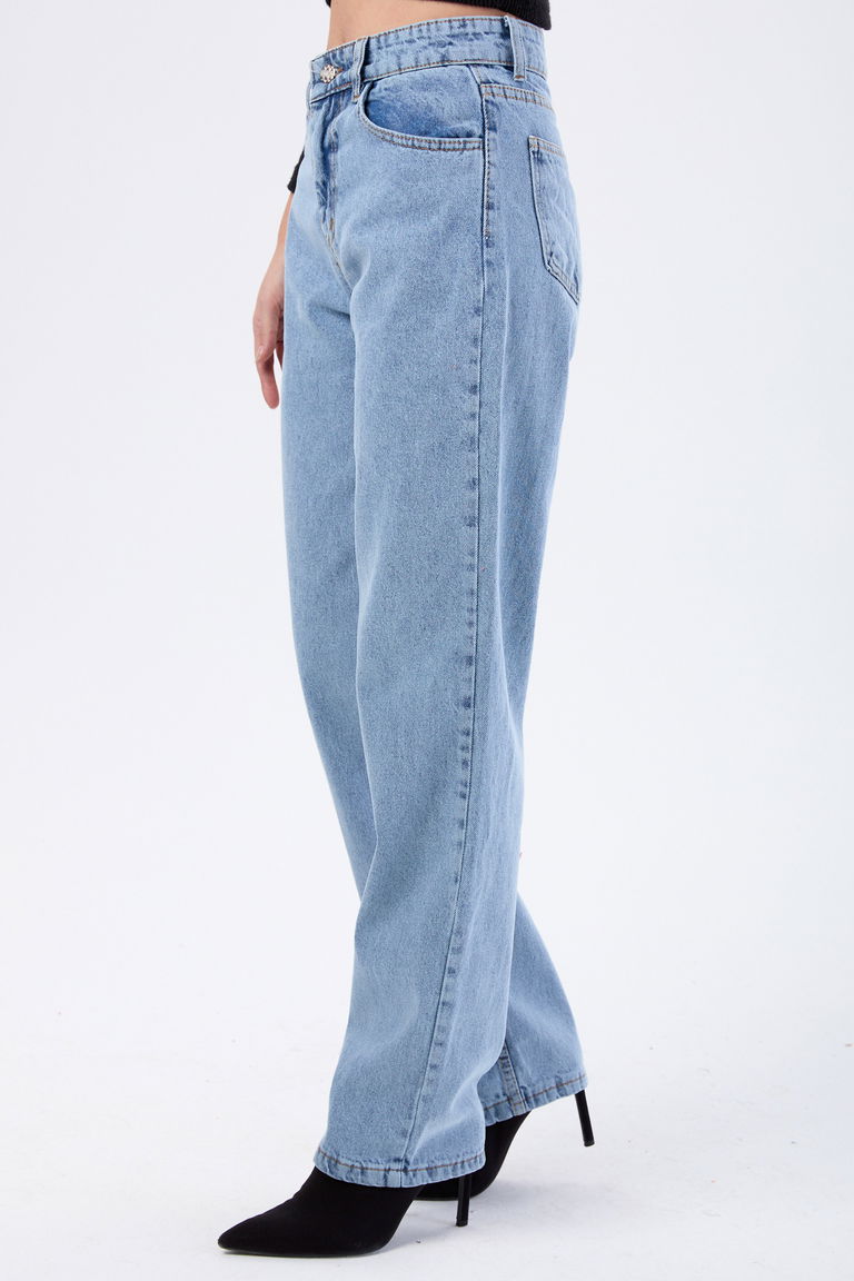 23666-BUZ-MAVI-KAR Yüksek Bel Mom Kot Pantolon - TOFİSA