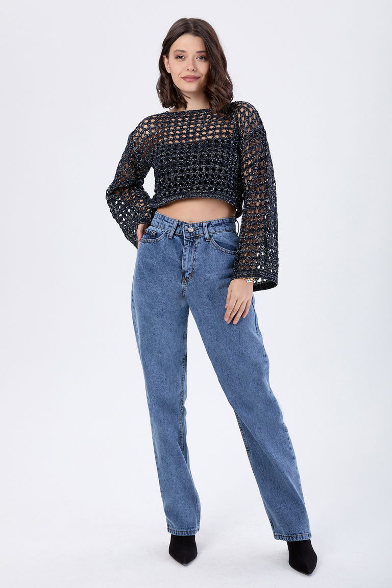 23666-KOYU-MAVI-KAR Yüksek Bel Mom Kot Pantolon - TOFİSA