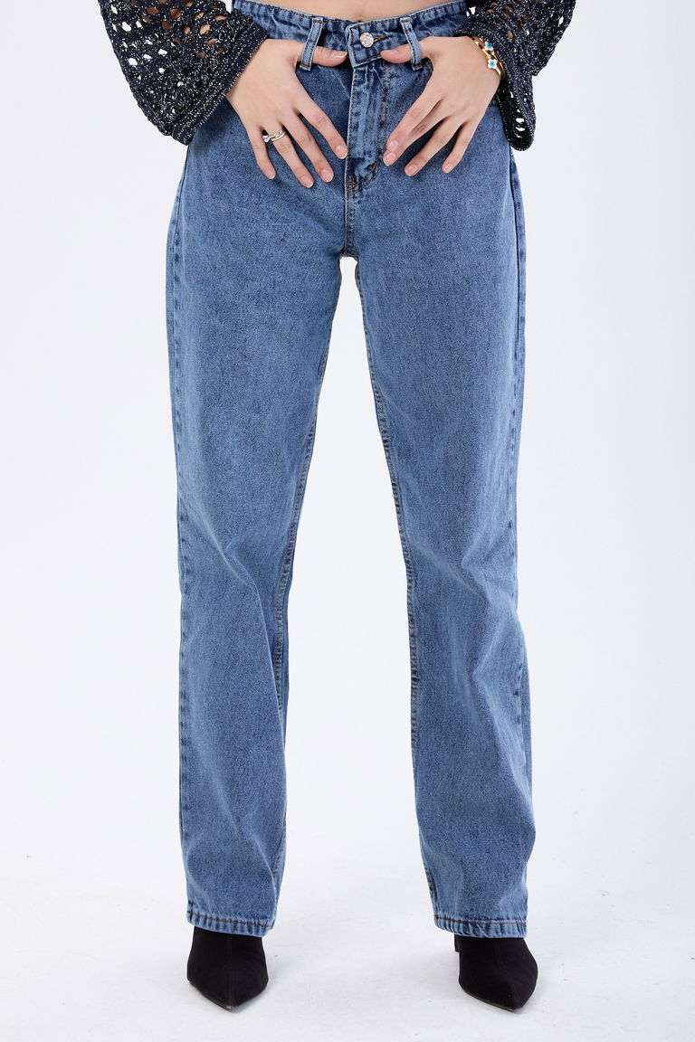 23666-KOYU-MAVI-KAR Yüksek Bel Mom Kot Pantolon - TOFİSA