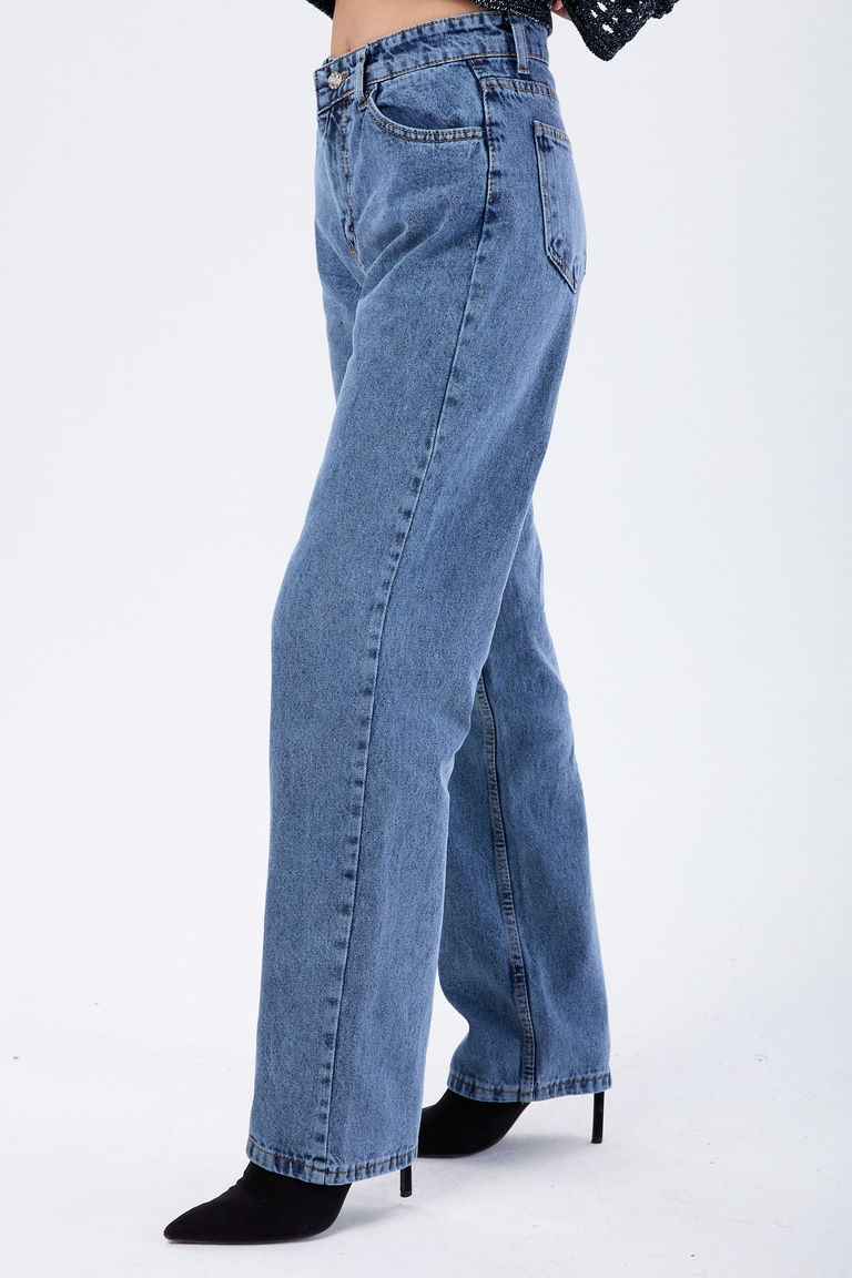 23666-KOYU-MAVI-KAR Yüksek Bel Mom Kot Pantolon - TOFİSA