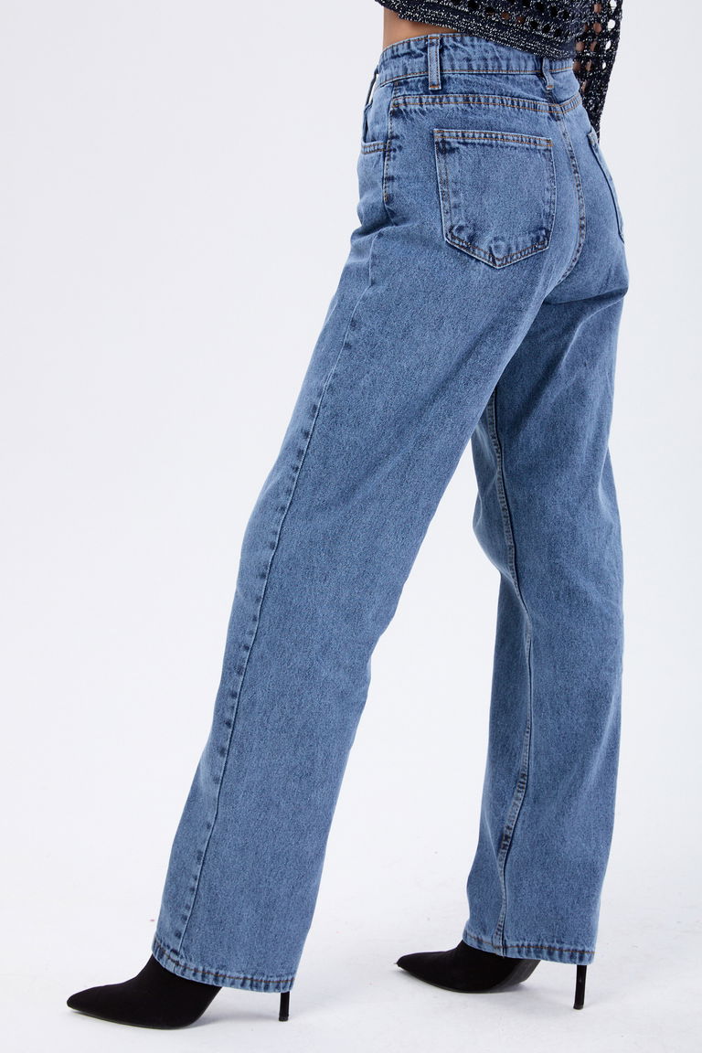 23666-KOYU-MAVI-KAR Yüksek Bel Mom Kot Pantolon - TOFİSA