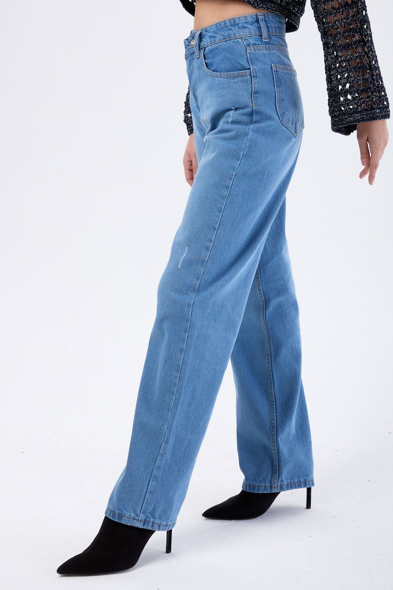 Yüksek Bel Palazzo Kot Pantolon Mavi Taş Yikama - 23667 - TOFİSA