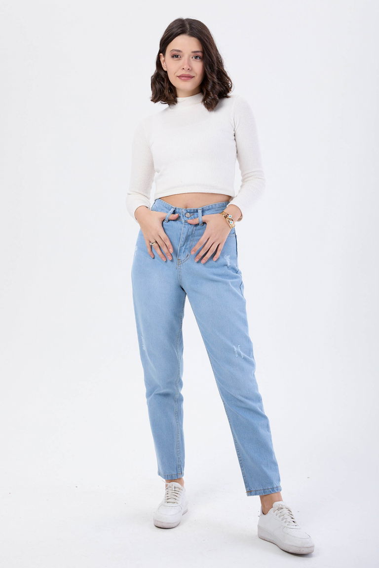 23668-BUZ-MAVI Yüksek Bel Mom Jeans - TOFİSA
