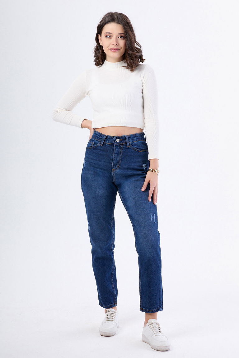 23668-KOYU-MAVI Yüksek Bel Mom Jeans - TOFİSA