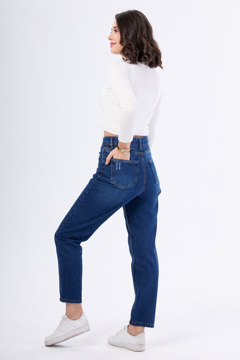 23668-KOYU-MAVI Yüksek Bel Mom Jeans - TOFİSA
