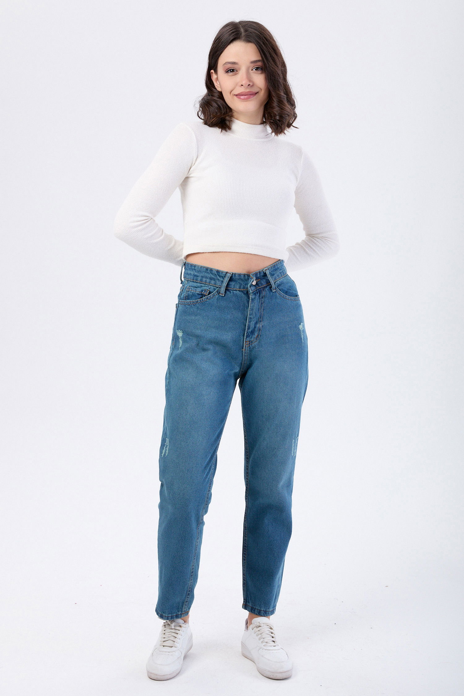 Yüksek Bel Mom Jeans Yeşil Tint Yikama - 23668 - 1
