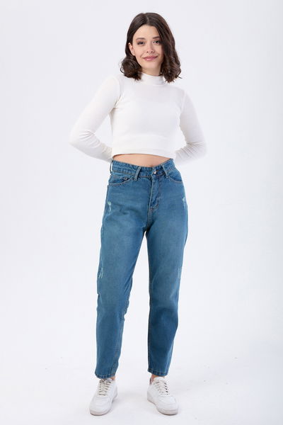 Yüksek Bel Mom Jeans Yeşil Tint Yikama - 23668 