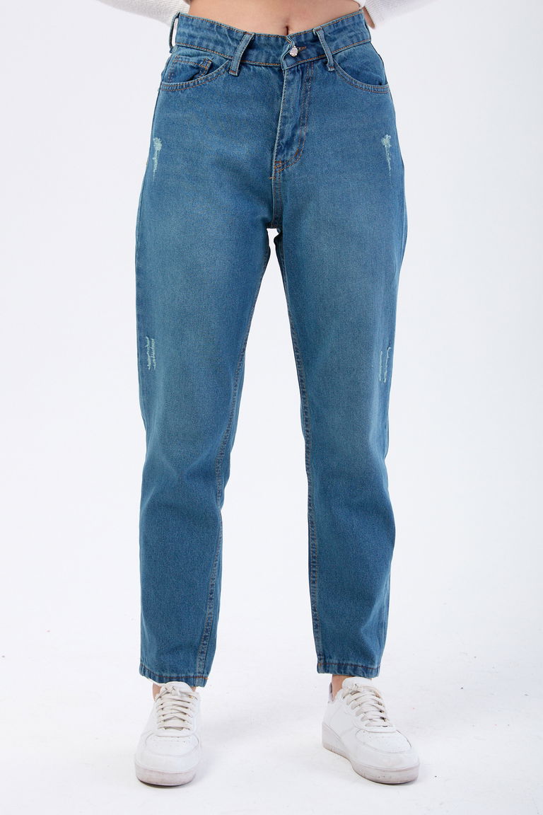 Yüksek Bel Mom Jeans Yeşil Tint Yikama - 23668 - TOFİSA