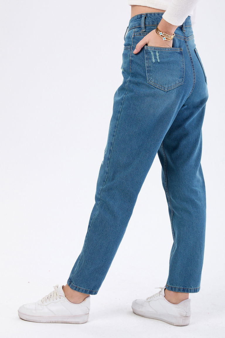 Yüksek Bel Mom Jeans Yeşil Tint Yikama - 23668 - TOFİSA