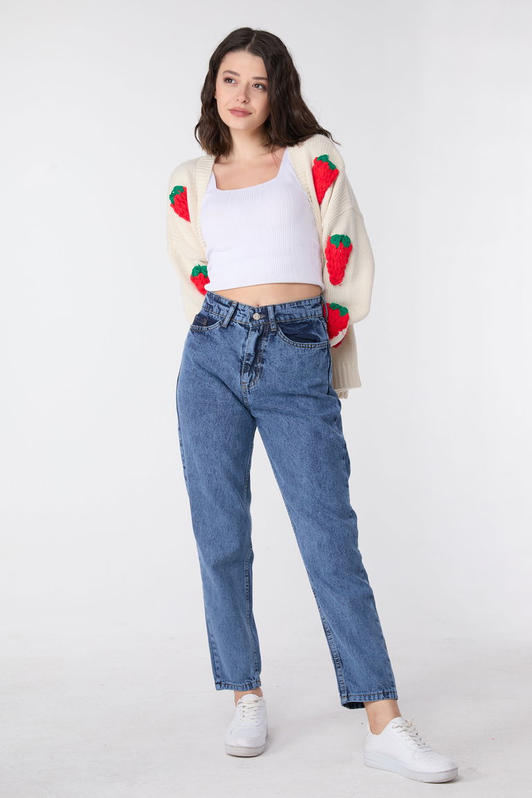 23669-MAVI-KAR-YIKAMA Yüksek Bel Mom Jeans - TOFİSA