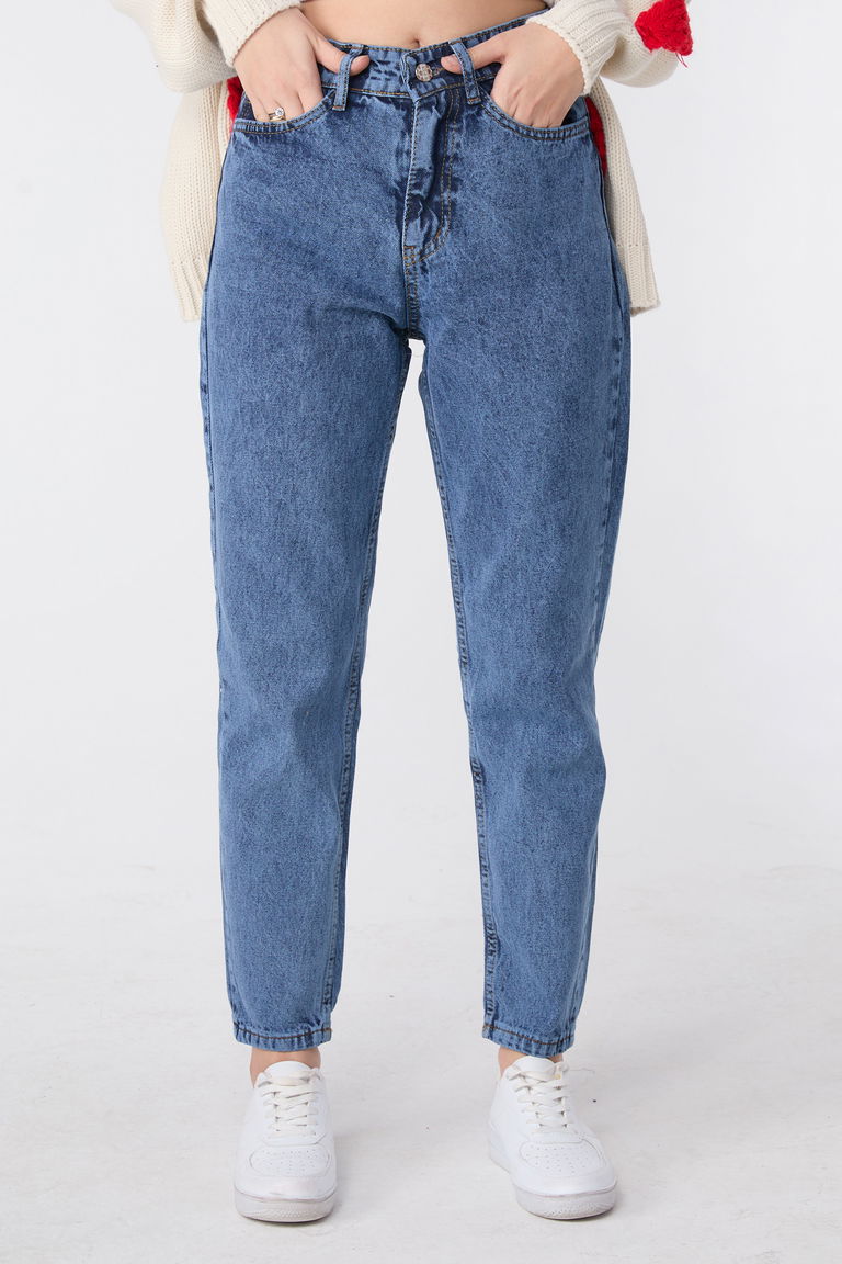 23669-MAVI-KAR-YIKAMA Yüksek Bel Mom Jeans - TOFİSA