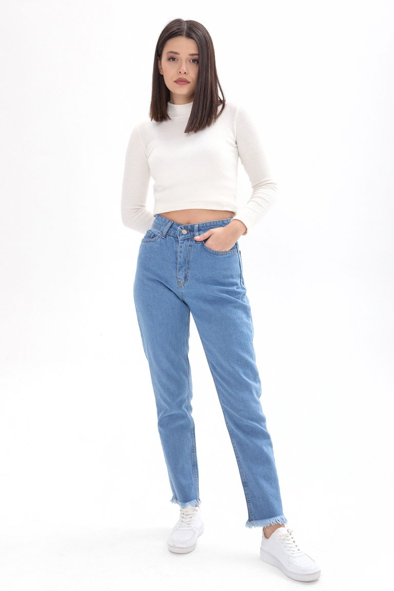 23670-BUZ-MAVI Yüksek Bel Paça Püsküllü Mom Jeans - TOFİSA