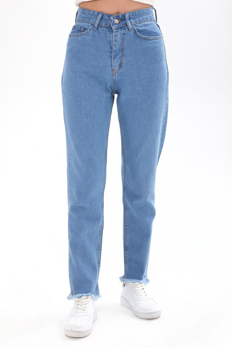 23670-BUZ-MAVI Yüksek Bel Paça Püsküllü Mom Jeans - TOFİSA