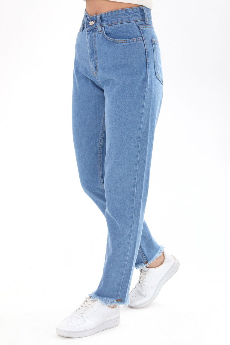 23670-BUZ-MAVI Yüksek Bel Paça Püsküllü Mom Jeans - TOFİSA