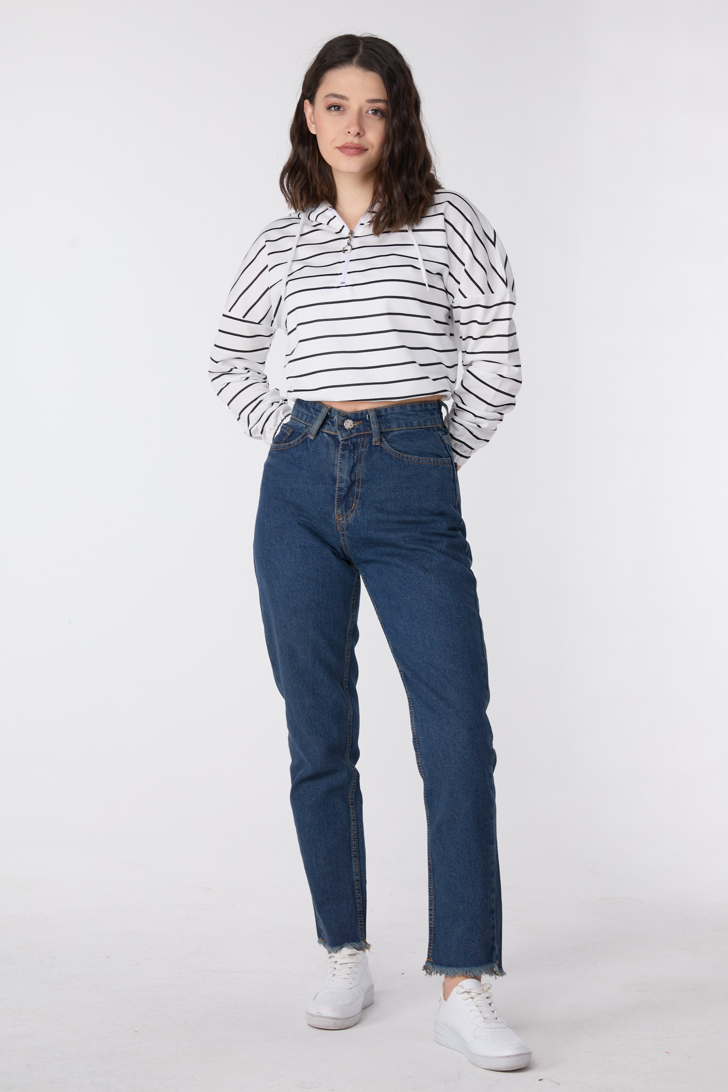 23670-KAHVE-TINT-YIKAMA Yüksek Bel Paça Püsküllü Mom Jeans - 2