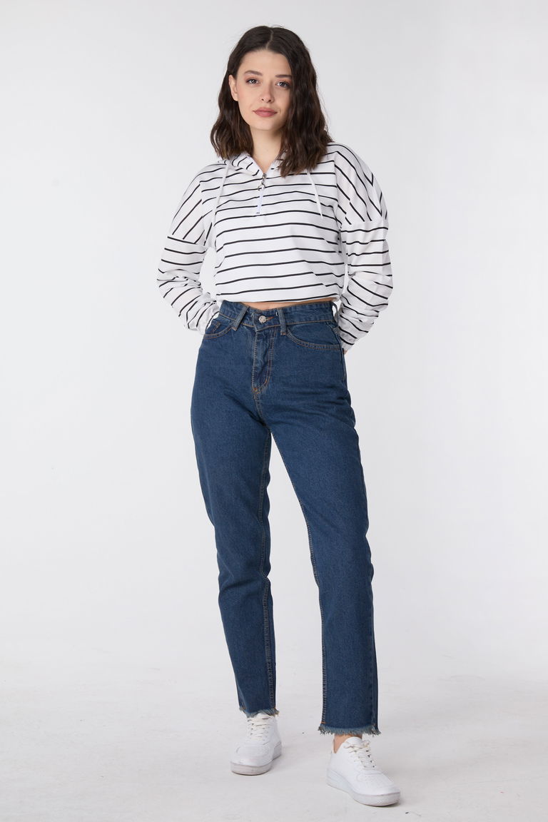 23670-KAHVE-TINT-YIKAMA Yüksek Bel Paça Püsküllü Mom Jeans - TOFİSA