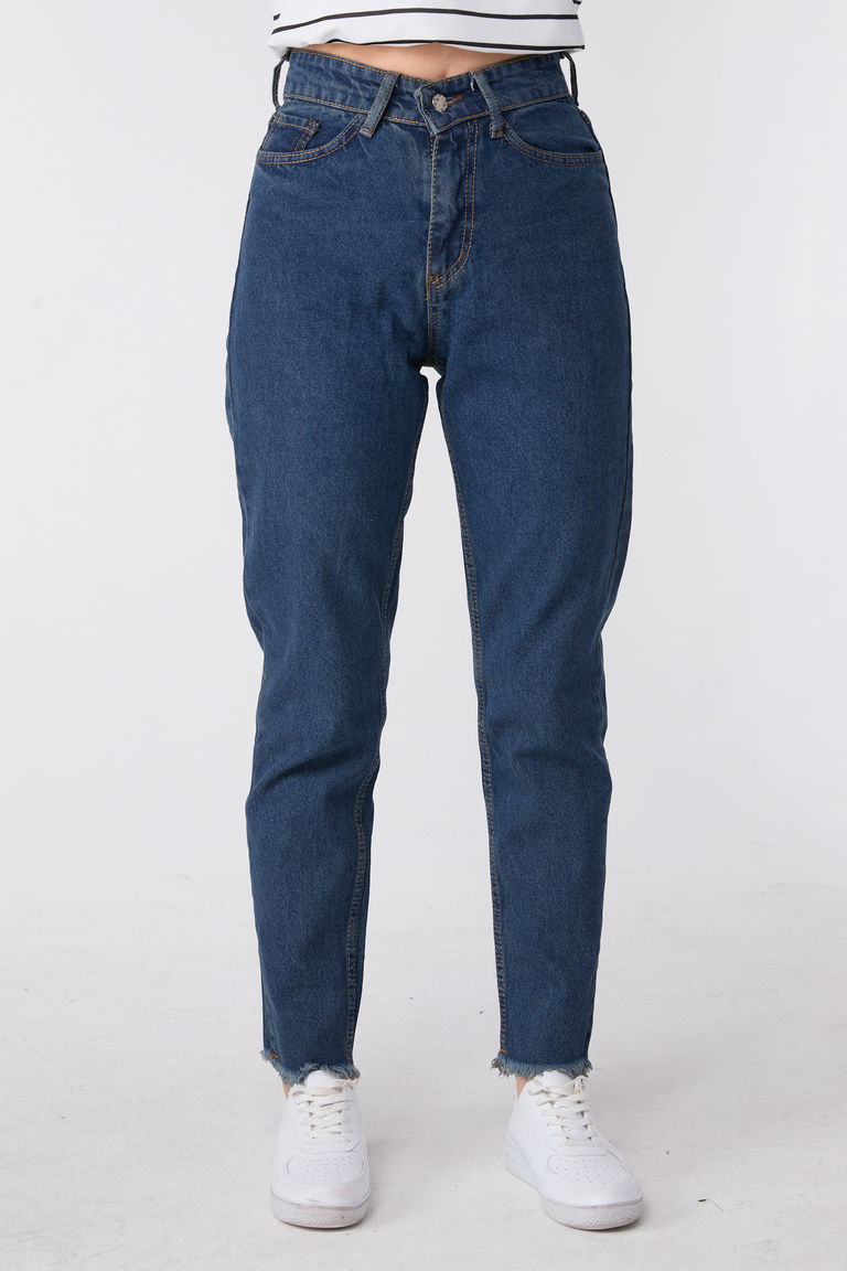 23670-KAHVE-TINT-YIKAMA Yüksek Bel Paça Püsküllü Mom Jeans - TOFİSA
