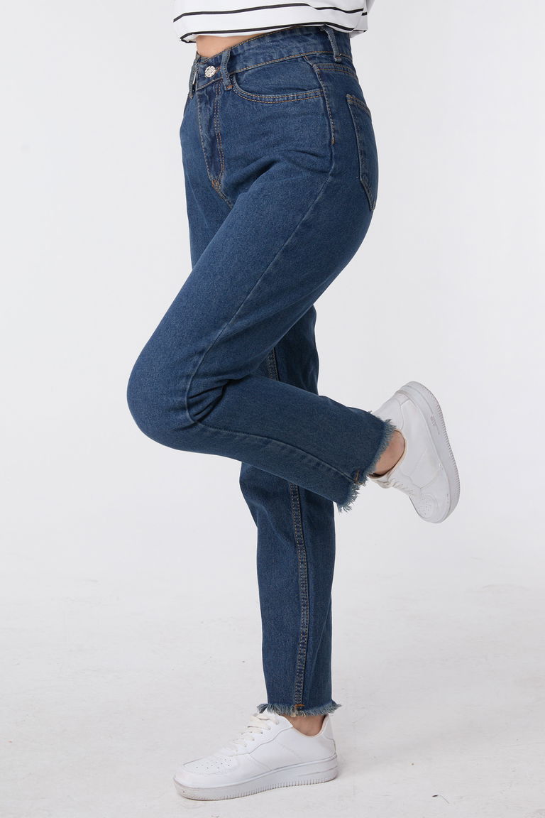 23670-KAHVE-TINT-YIKAMA Yüksek Bel Paça Püsküllü Mom Jeans - TOFİSA