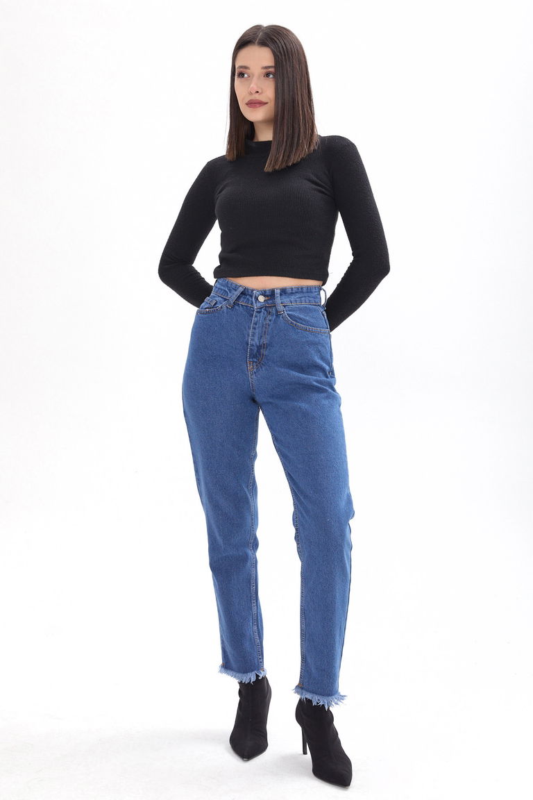 23670-MAVI Yüksek Bel Paça Püsküllü Mom Jeans - TOFİSA